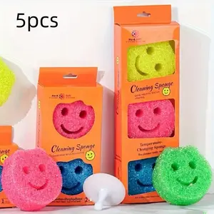 5-Piece Multi-Color Smiley Sponge Set, Home Multifunctional Cleaning Wipes, Durable Practical Household Essential Clean Tools, Kitchen Cleaning Supplies, Kitchen Sponges