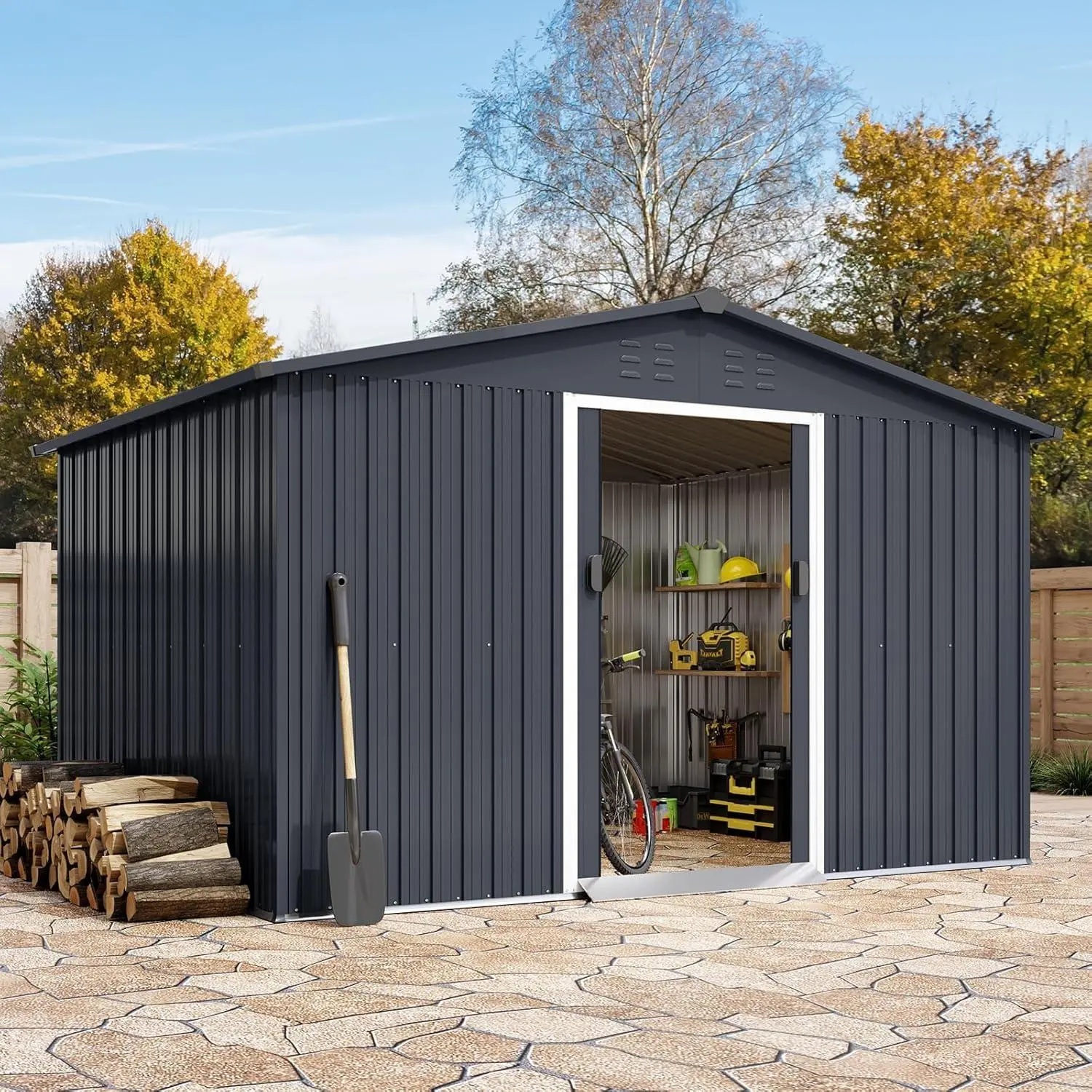 10x12FT Outdoor Metal Storage Shed with Lockable Door – Large Galvanized Steel Garden Shed with Slanted Roof and Dual Vents, Waterproof Tool Shed for Lawn, Mower, Bike and Garbage Cans