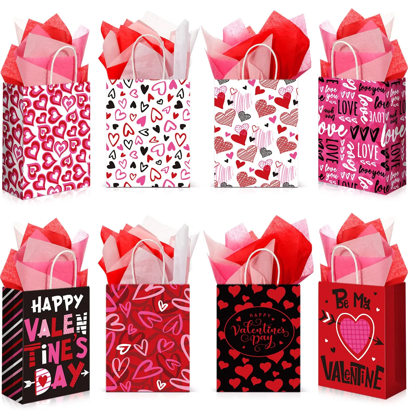 32 Pcs Valentines Day Goodie Bags Kraft Paper Gift Bags with Handle Tissue Paper,Appreciation Gift Wrapping for Friends Teacher Students Office Employee Coworker,Galentine's Day Birthday Wedding School Classroom Party Gift,Valentine Gift Exchane