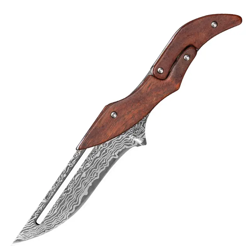 【DealsforYouDays】Damascus Steel Folding Pocket Knife with Wood Handle - Compact, Pocket-ready Size Mechanical Magic Knife, Camp Kitchen Peeling Tool, Unique Gift for Camping Hiking