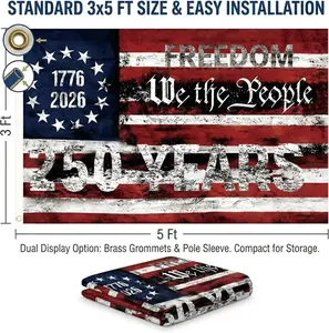 2PCS 250th Anniversary Flag 1.5x3 Ft Anniversary Flag, 1776-2026, 250 Years Birthday flags for Patriotic Yard, House Banner, Room, Porch, Wall, Fence, Outdoor Decorations(Style 3)
