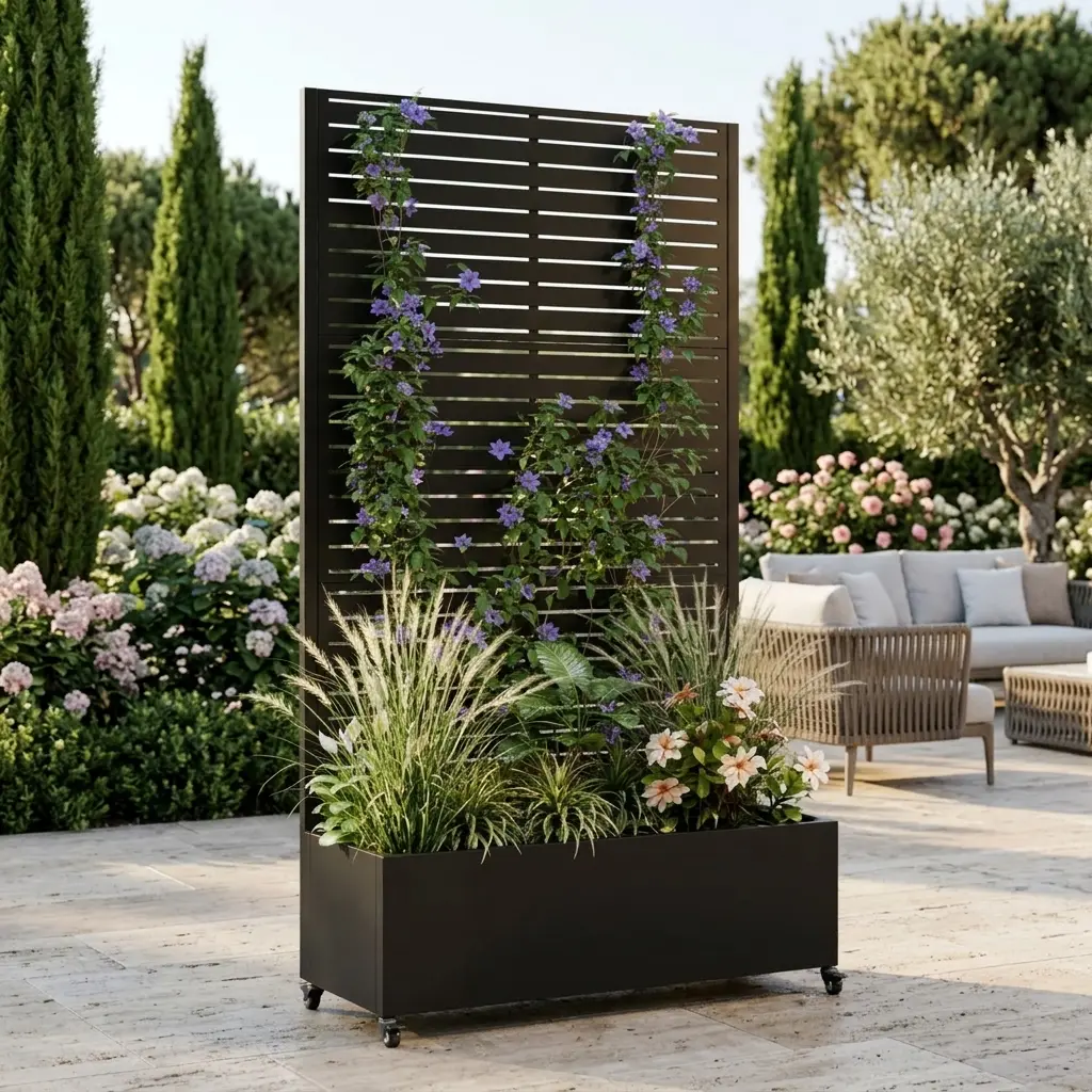 Metal Raised Garden Bed with Trellis - 73"x35"x16" Rectangular Outdoor Metal Planter Box, Lockable Wheels, Drainage Holes, Privacy Screen, Rust Resistant Raised Flower Bed for Vegetables, Outdoor Plants, Raised Flower Beds