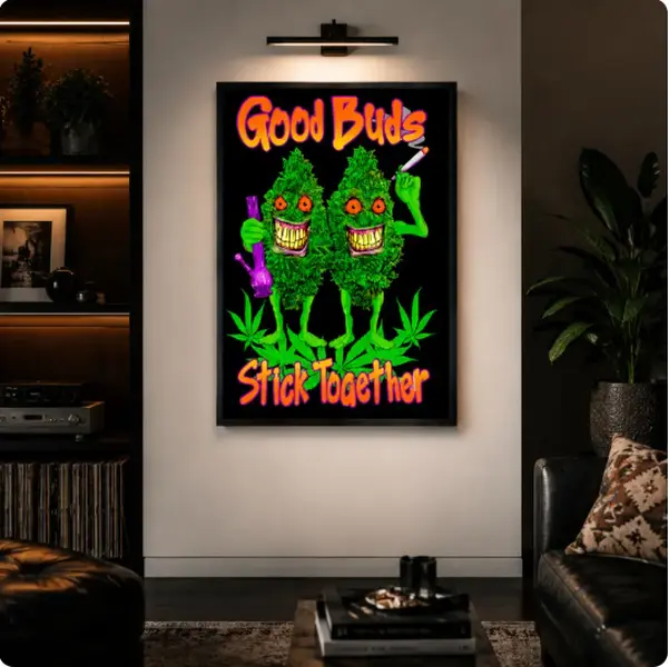 "Good Buds Stick Together" Blacklight Pot Poster, Vintage Waterproof Artistic Print with Box, Home Decoration, Bathroom Wall Art, Cool Room Decor, Kitchen Spaces, Canvas Wall Art Print, Funky Retro Poster for Bathroom, Dorm, Apartment, Gift Decor
