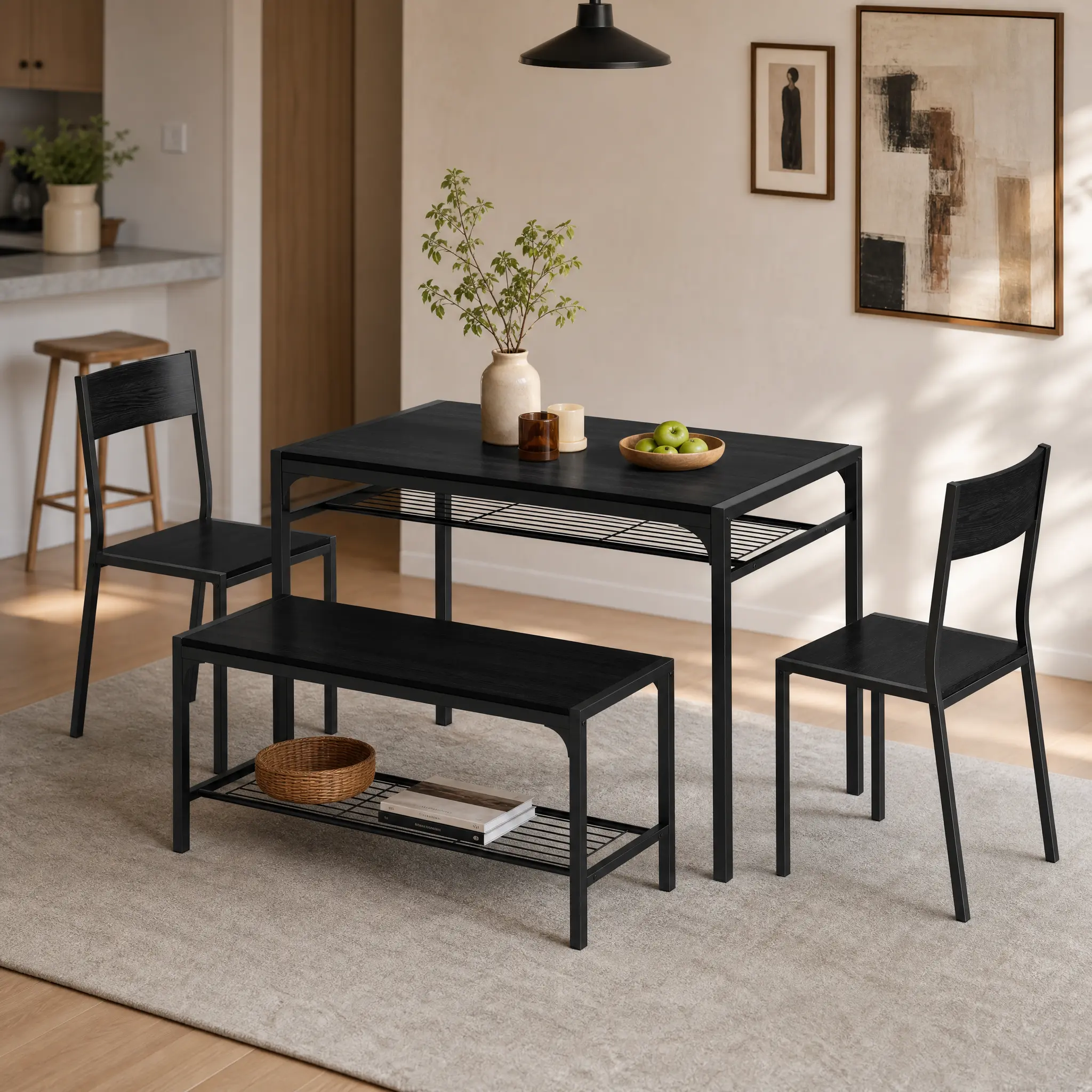 Gizoon 4-Piece Indoor Furniture Set - Convertible Espresso Wood Dining Table, 2 Tan Chairs, Bench, Galvanized Steel Accents for Small Space Apartments, Apartment Decor Ideas