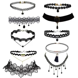 10pcs lace choker necklace for women, black classic velvet stretch punk gothic tattoo lace