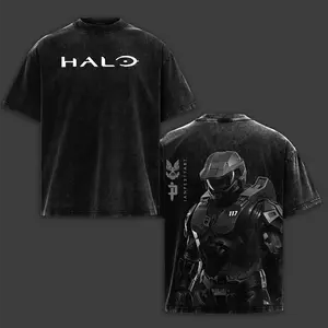 Halo Double Printed Oversize Lightweight Acid Washed Tee | Master Chief Vintage Gaming Graphic T-Shirt for Men | Casual Retro Streetwear Cotton Top Heavyweight Gamer Apparel Gift