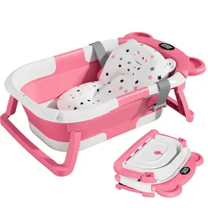 Collapsible Baby Bathtub, Baby Bath Tub with Soft Chion & Real-Time Thermometer, Baby Bathtub Infant to Toddler Tub (0-36 Months), Portable Newborn Travel Bath tub Swing Seat