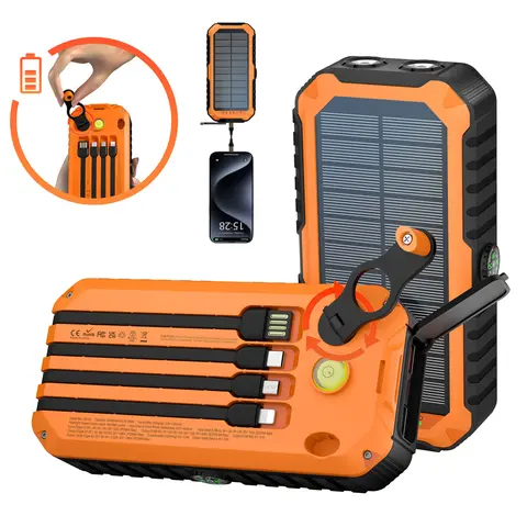 Citicr >20000mAh Rechargeable Emergency Power Bank - Solar Charging, Hand-Cranked Generation, 4 Built-In Cables, 6 Outputs, QC3.0 PD20W Fast Charging, 3 Inputs, Dual Flashlights, Compass, Lanyard, Phone Accessories for Camping, Travel, Work