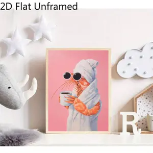 2D Flat 1pc Unframed Humorous Shrimp Wearing Glasses and A Bathrobe, Holding A Coffee Cup on Pink Back, Poster Print, Artwork Wall Painting for Gift, Bedroom, Living Room, Office, Wall Decor, Dormitory Decor, Home Decoration, Gift for Valentine's Day