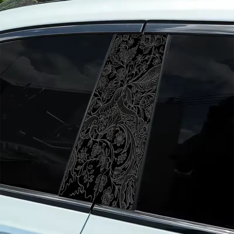 2 pieces black and white flower and bird pattern theme B pillar sticker - car column decorative sticker, waterproof anti-ultraviolet carbon fiber door film, scratch-proof protective film, Decal for Cars, Stickers for cars