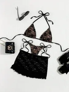 Swim Vcay Summer 3pcs Black Sexy Lace Flounce Mini Skirt, Triangle Cup Bra & G-String Bikini Set