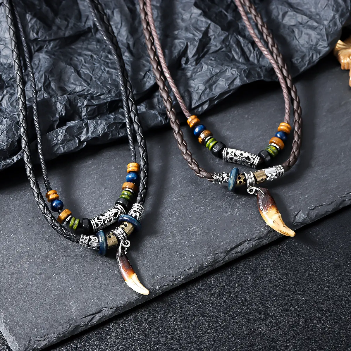 Wolf Tooth Layered Necklace for Men & Women, Handmade Braided Leather Twisted Chain Alloy Pendant, Trendy Unisex Fashion Jewelry