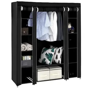 Canvas Wardrobe Portable Closet Wardrobe Clothes Storage with 6 Shelves and Hanging Rail,Non-Woven Fabric, Quick and Easy Assembly,Black