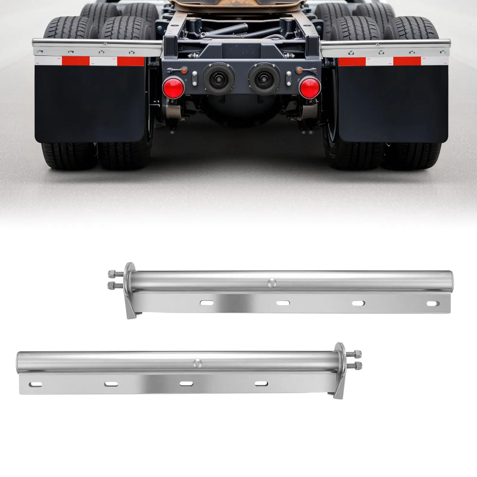 VEVOR Chrome Straight Spring Loaded Mud Flap Hangers, 1-1/8 Bolt Spacing Mudflap Hangers for Semi Trucks, 1 Pair Heavy Duty Semi Truck Mud Flap Hanger Set with Reflective Strips, Silver