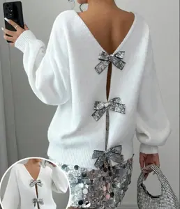 USEEN 2026 New Women's Long-Sleeve Knit Cardigan Tops, Chic Pullover with Bowknot Sequins Decor, Elegant Casual Clothes for Autumn Winter