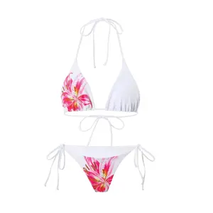 Lily Floral Print Bikini Set, Casual Holiday Spaghetti Strap Triangle Bikini Top, Side Tie Bottom And NO Long Mesh Coverup Summer Swimwear 2-Piece Set For Women