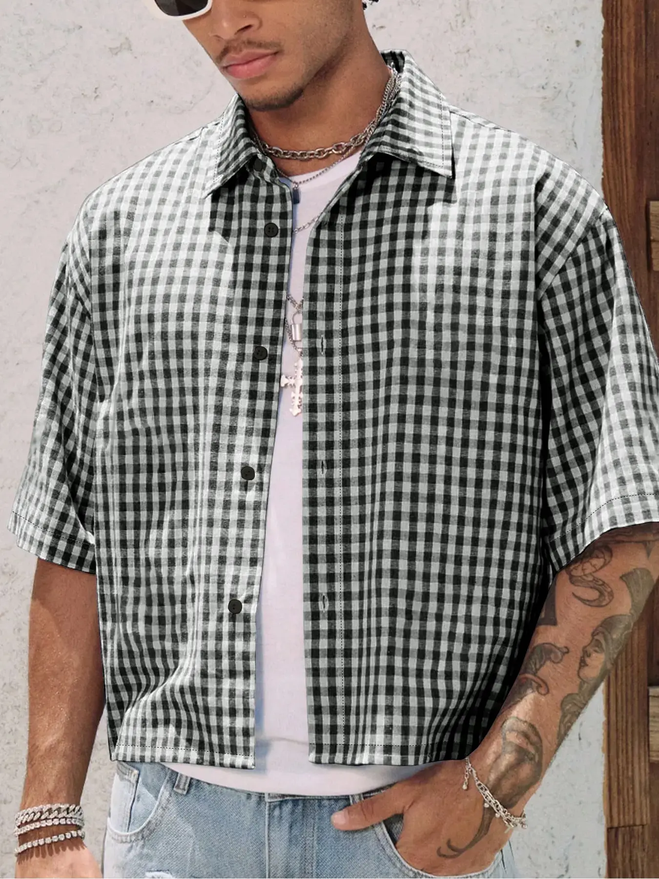 Men's Casual High Street Vintage Plaid Gingham Short Sleeve Shirt, Loose Fit, Perfect for Summer Vacation, Stylish and Comfortable, Menswear, Casual Button Shirt