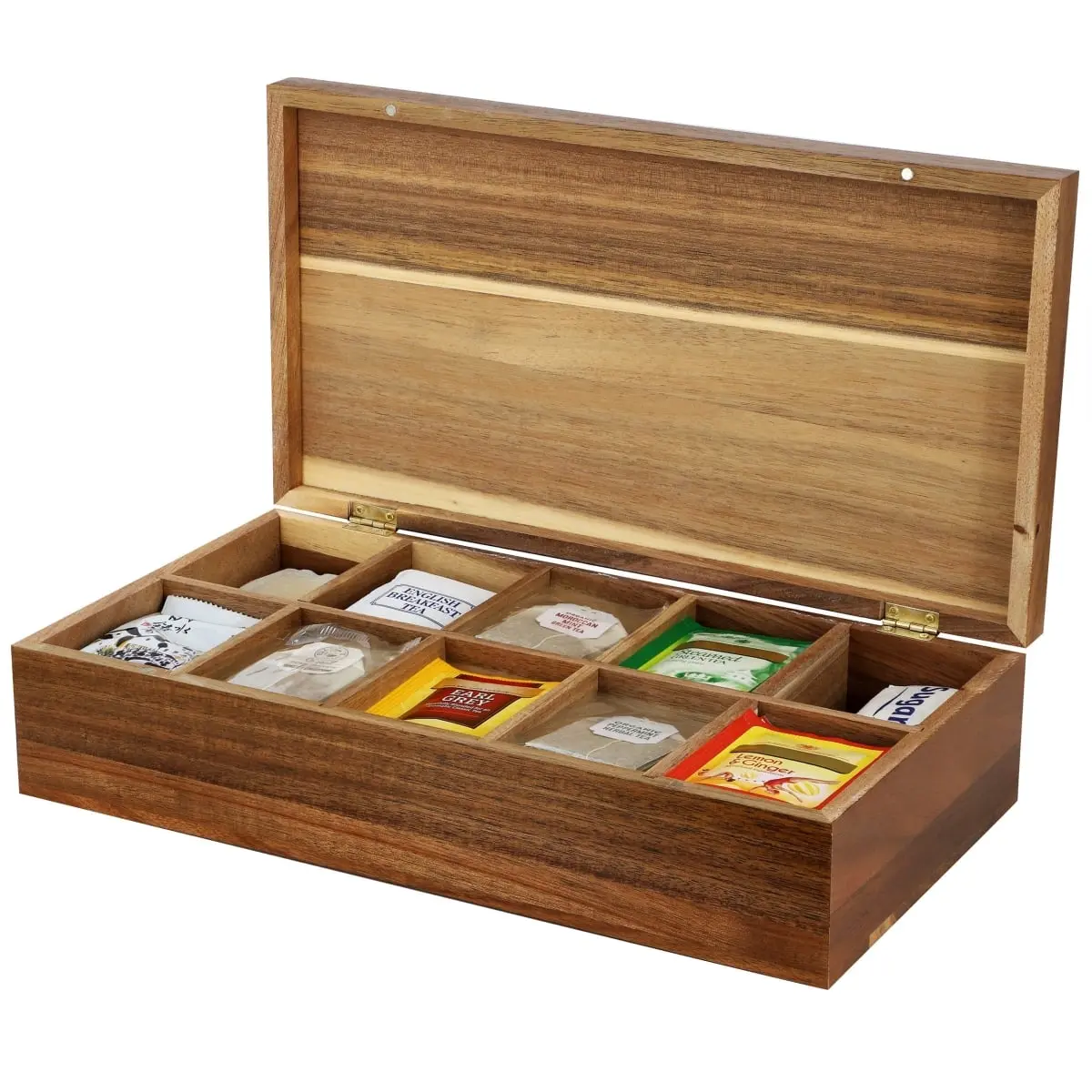 MegaChef MC-A122 Rustic Wooden Rectangle Tea Box with Lid - 10 Compartments, 14.25x7.5in Natural Finish Storage Organizer, Durable Home Supply for Kitchen, Dining Room, Gift Option