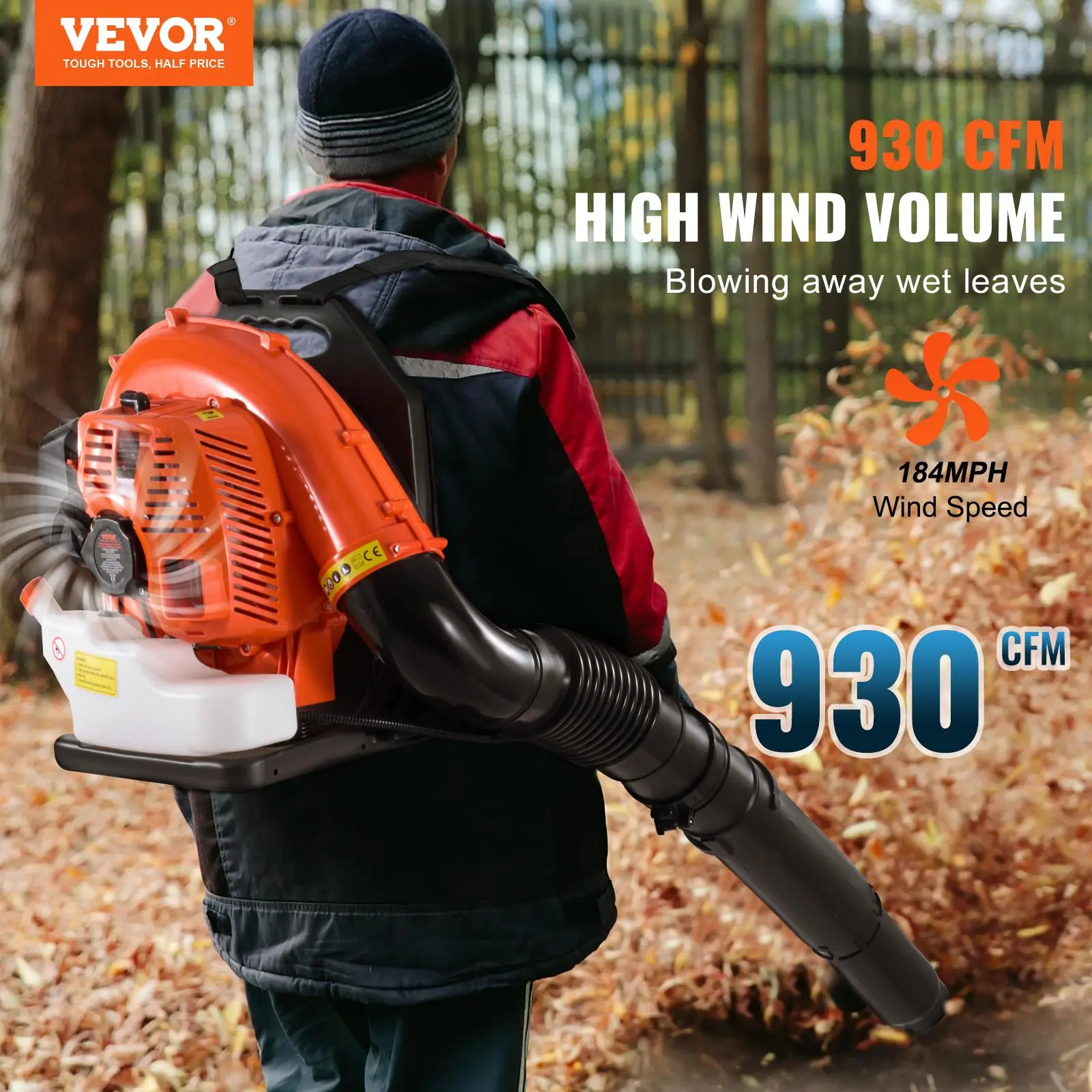 【summerfinds】VEVOR Backpack Leaf Blower, 52CC 2-Cycle Leaf Blower with 1.37L Fuel Tank, 480CFM Air Volume 175MPH Speed, Ideal for Lawn Care, Leaf Cleaning, and Snow Removal