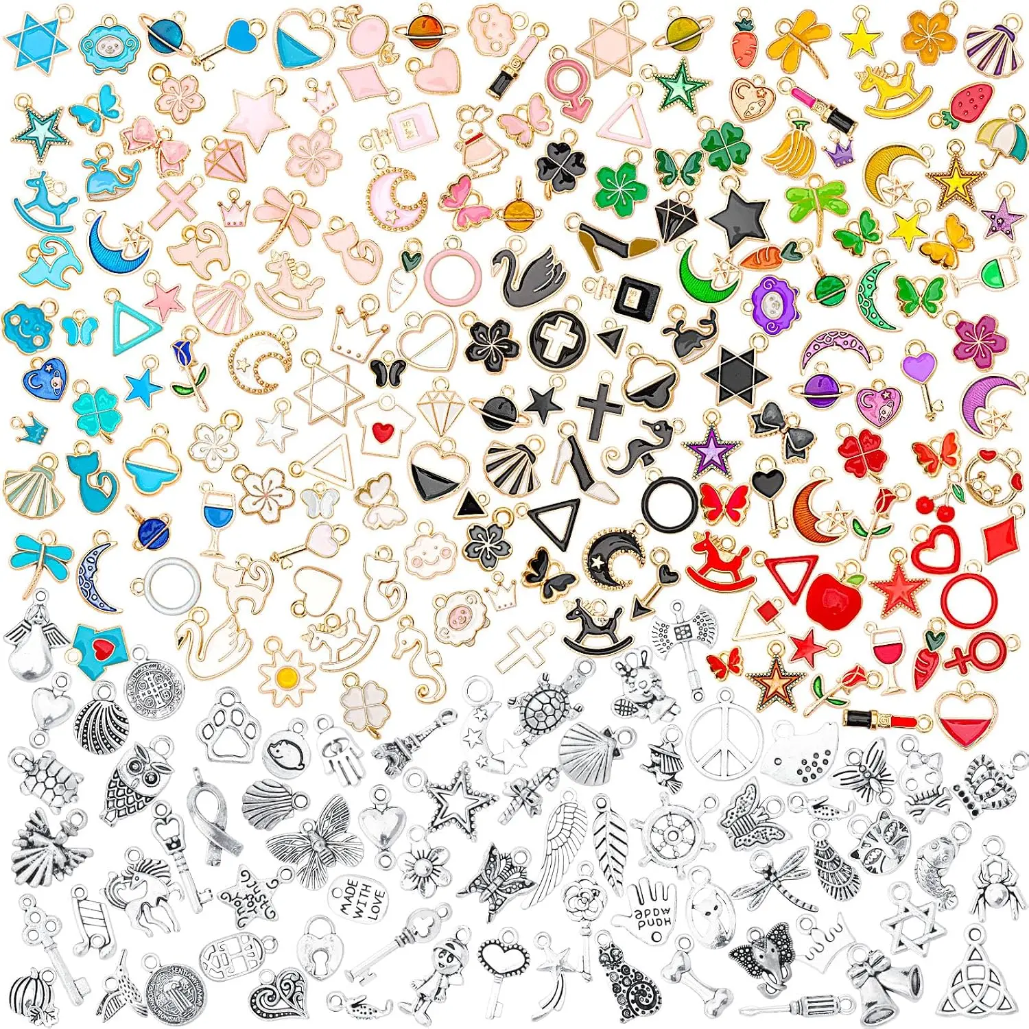 350Pcs Charm for Jewelry Making, Assorted Gold Enamel Charms | Mixed Bulk Tibetan Silver Jewelry Bangle Charm, Pendants for DIY Necklace Bracelet Earring Craft Supplies