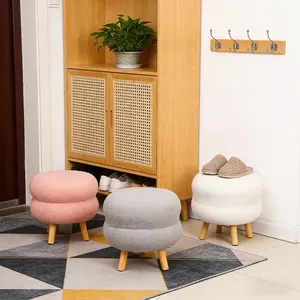 Lamb wool stool, plush sofa stool, wooden leg decorative stool, soft and comfortable footstool, modern home decoration, essential for living rooms, bedrooms, and offices, Soft Cushioned Stool