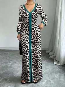 Elegant Leopard Print V-Neck Long Sleeve Dress, Waist-Cinch Slim Fit, Long V-Neck Goddess Style, High-Quality Chic Fashion Womenswear Dress