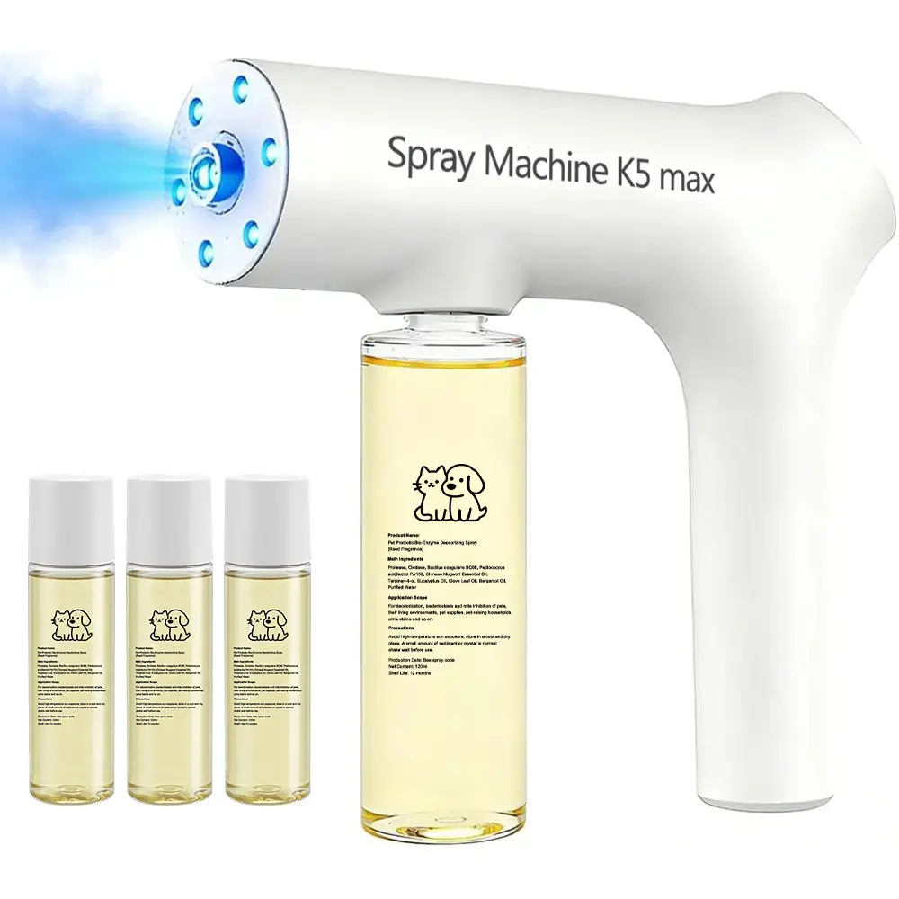 Blue Light Odor Eliminator Spray Gun Kit, Multi-Purpose Deodorizing Spray for Smoke, Toilet Odor, Pet Odor and Urine Odor, Helps Break Down Pet Urine, Bio-Enzyme Formula, Pet Friendly, Safe if Licked Cleaner