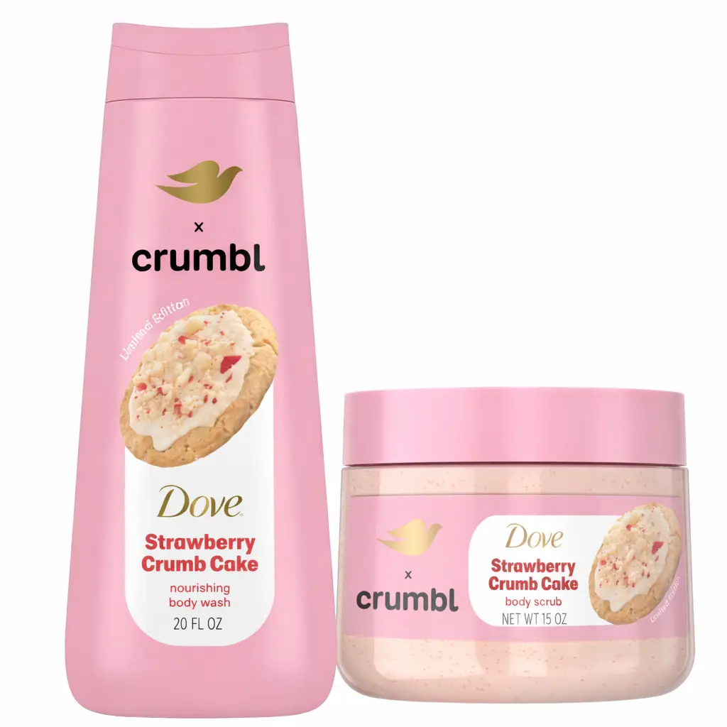 Dove Crumbl Strawberry Crumb Cake Body Care Bundle – Body Wash 20 oz + Body Scrub 15 oz Limited Edition
