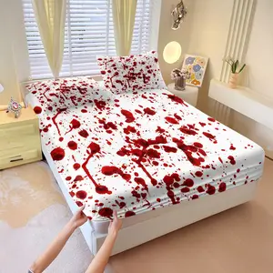 Horror Bloodstain Printed Pattern Bed Sheet Set, Summerween Theme, 1 Bed Sheet With 2 Pillowcases (Excluding Pillow Core), Suitable For Bedrooms, Dormitories, And Guest Rooms For Teenagers And Adults, Perfect As a Gift
