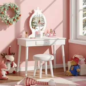 Kids Princess Theme Modern Dressing Table Vanity Desk Furniture Set - LED Oval Mirror, MDF Wood Single Drawer, Detachable Top, Stool, Safe Sturdy Construction, Easy to Assemble & Clean, White 2-in-1 for Girls’ Bedroom, Ideal Gift