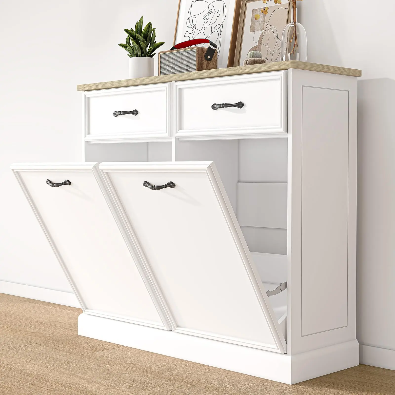 Garvee Double Tilt Out Cabinet for Kitchen and Living Room, Freestanding White Storage Cabinet for 20 Gallon Garbage Can, Hidden and Space-Saving Design