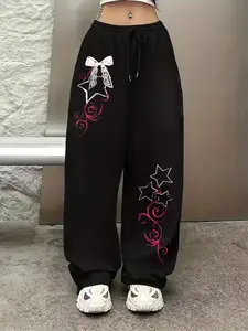Women's Oversized Black Jogger Pants Y2K Pastel Goth Cute Grunge, High-Waisted Baggy Sweatpants with Bow Star Lace Print, E-Girl Aesthetic Streetwear, Gothic Casual Lounge Daily Wear Bottoms, Casual Sports Trousers