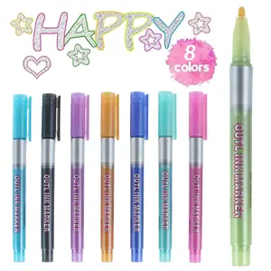8 Pcs Metallic Marker with 2-color Effect Outline Marker DIY Photo Album Paint Marker Pen with Color Outline Shimmer Marker Set for Metal Ceramic Glass Greeting Cards