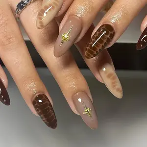 Mocha Tortoise Shell Press On Nails | Nude Brown Luxury Almond Nails | Gold Star Handmade Nail Set
