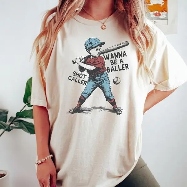 Women's "Wanna Be A Baller Shot Caller" Casual Retro T-Shirt - Baseball Mom Gift for Mother's Day, Game Day Streetwear Top