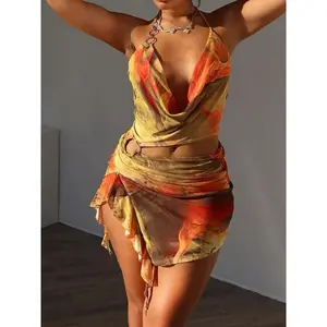 Women's All Over Print Backless Cami Dress, Fashion Draped Ring Linked Split Thigh Halter Dress for Summer, Ladies Clothes for Beach Holiday, Dresses for Women, Summer Dresses