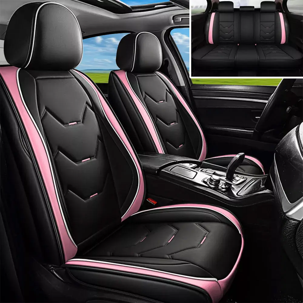 OTOEZ Pink PU Leather Car Seat Covers 5 Seats with Headrests Lumbar Support Cushion Protector Waterproof Girly Car Accessories Auto Seat Protectors