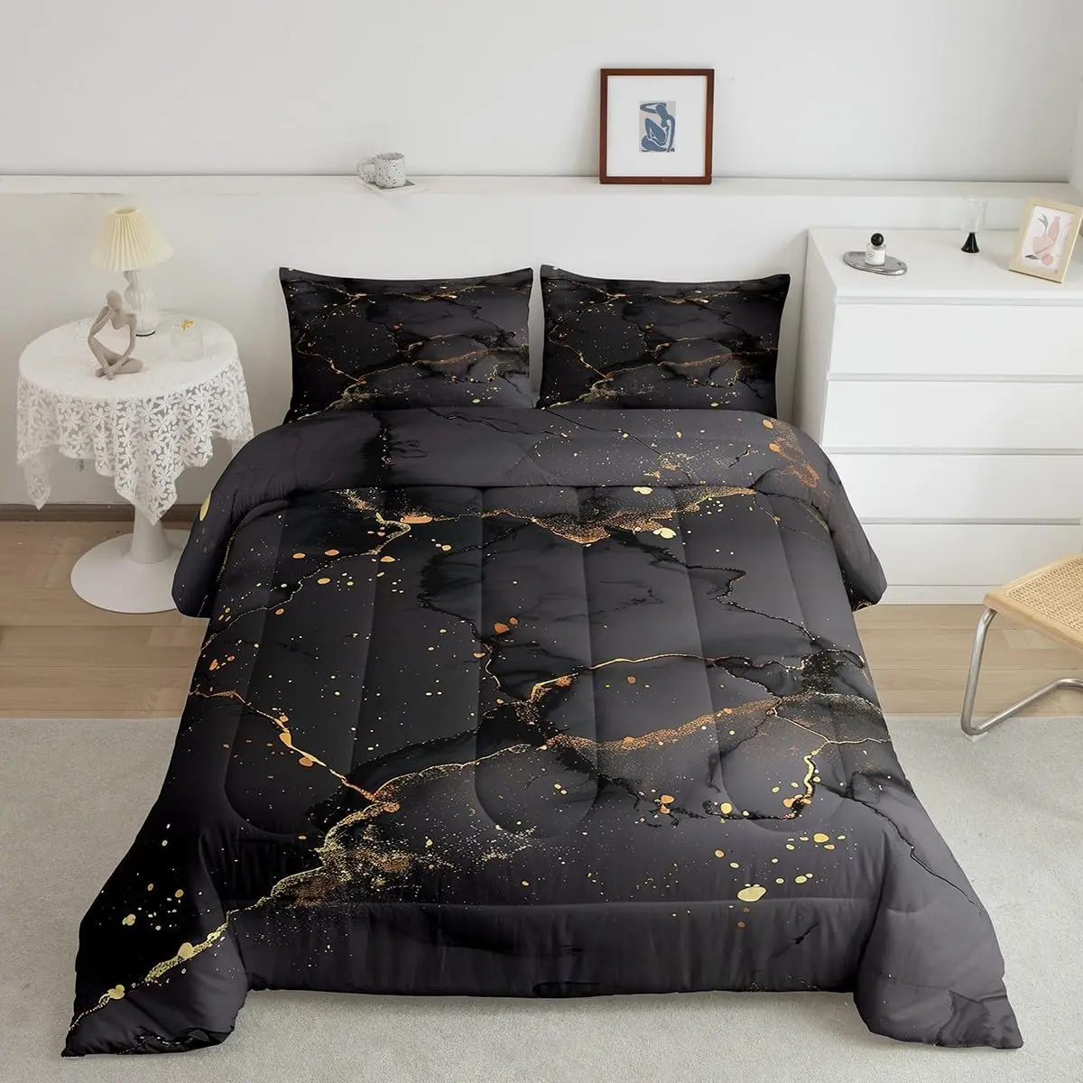 Feelyou Black Marbling Gold Metallic Sequin Comforter Set - Dark Grey Marble Abstract Aesthetic Artwork Duvet Insert, Comfy Breathable Decorative Microfiber Bedding Set, Comfy Bedding Set