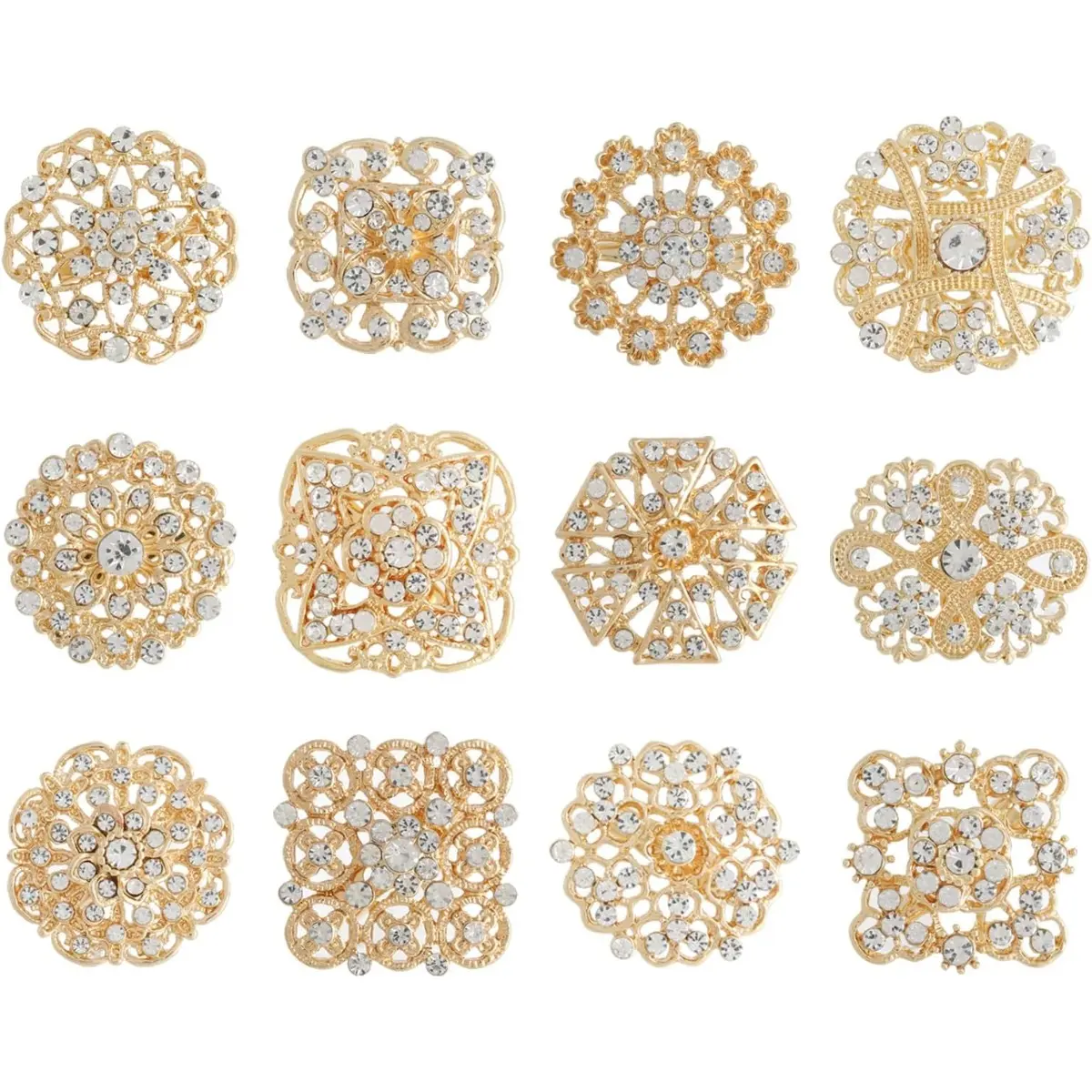 Gold-12pcs Alloy & Rhinestones Floral Brooch Set - Easy Attach DIY Sewing Craft Accessory, 1.2-1.4 inches, for Wedding Bouquets, Birthday Decor