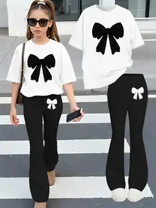 Girls Summer Fashion Print Drop Shoulder Short Sleeve Round Neck T-Shirt + Elastic Bell Bottom Pants Set, Cute Style, All Seasons, Tee Pants Set