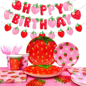 Strawberry Birthday Tableware, 139pcs Strawberry Party Tableware Set - Strawberry Birthday Party Plates Napkins Cups Tablecloth etc Strawberry Baby Shower Tableware for Strawberry Birthday Decorations