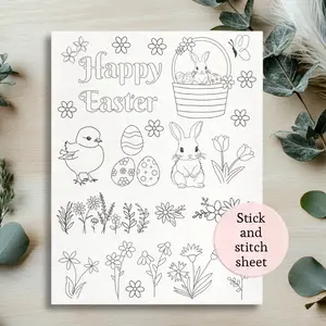 stick and stitch embroidery patterns full page Easte bunny and flowers embroidery patterns