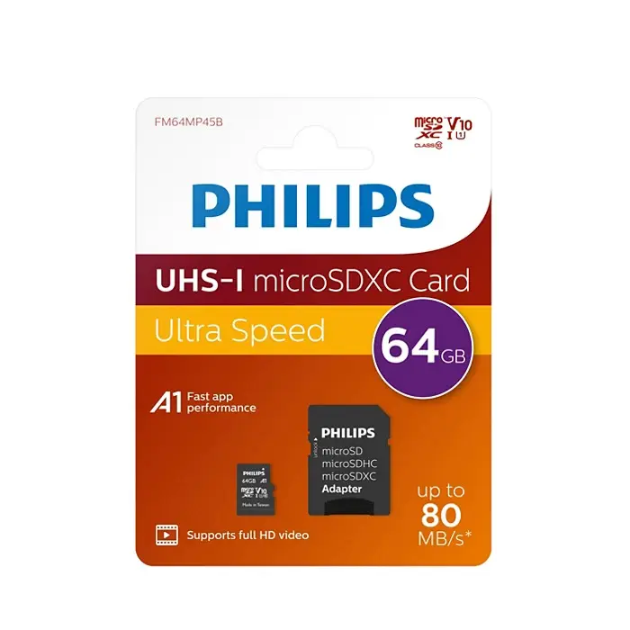 Philips 64GB Micro-SDXC Class 10 Memory Card with Adapter
