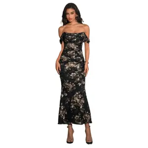 Square Neck Backless Floral Print Mesh Off Shoulder Bodycon Dress,Womenswear,Elegant And Fashionable Long Dress For Beach Party And Graduation Party