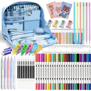 56 count Aesthetic School Supplies with Large Pencil Case, 24 Double Brush Marker Pens, 5 Black Ink Gel Pens, 6 Macaron Pencils, 4 Sharpeners, Sticky Notes, Ruler, Erasers, Stationery