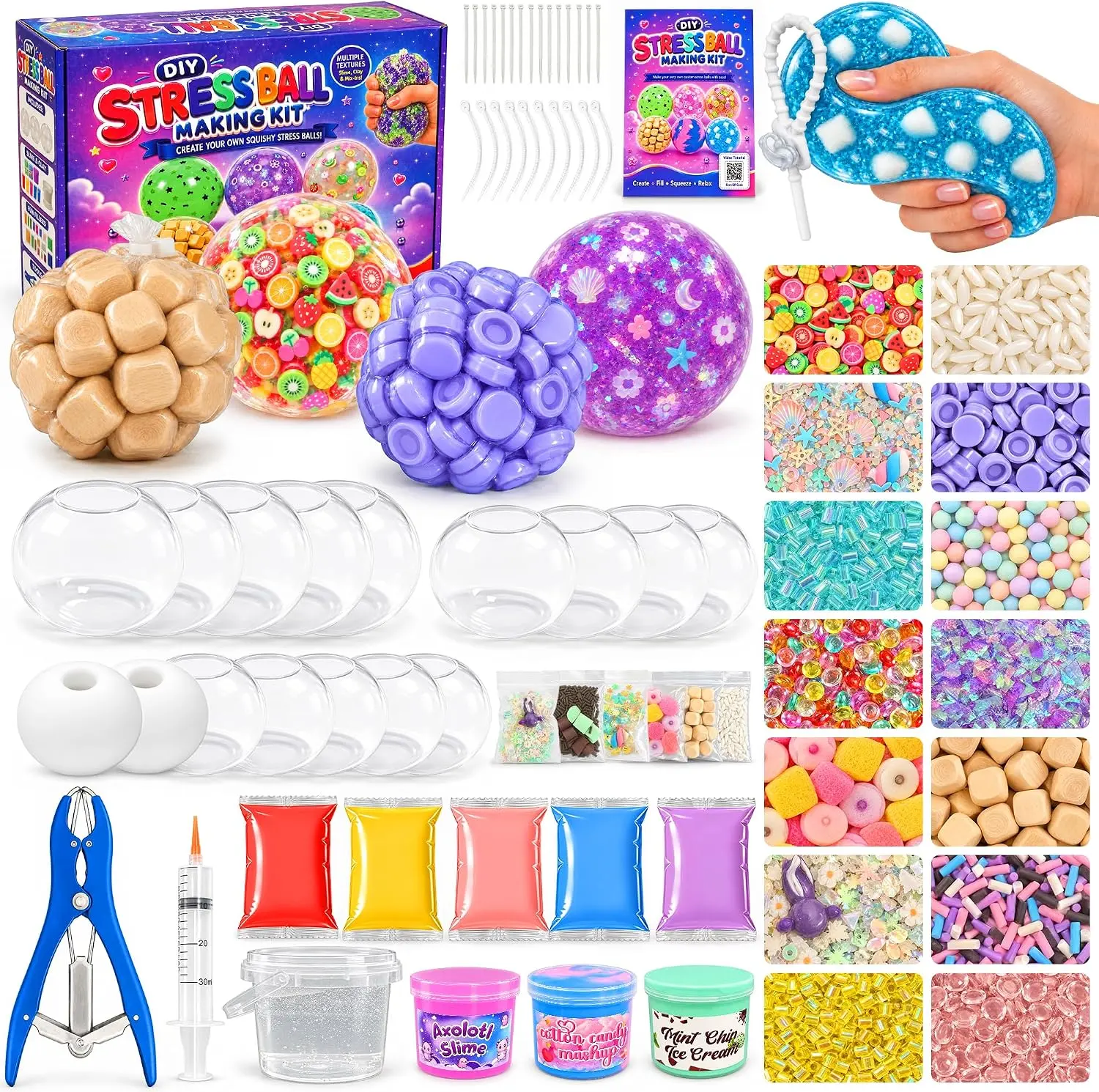 Funewest DIY Stress Ball Squishy Making Kit - 16 TPR Skins, 24 Fillers, Beads, Glitter & Sensory Materials for Custom ASMR Squishies Toys, Fidgets, Stocking Stuffers Gift for Teens Ages 6+