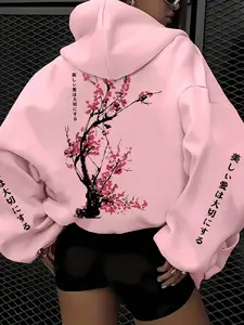 Women's fashionable cherry blossom graphic print long sleeves drawstring fit hoodie sweatshirt, suitable for everyday wear, perfect for casual wear, travel, vacation, and more. Versatile and stylish.