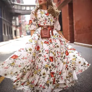 2025 Spring and Autumn Dress Printed Swing Temperament Chiffon Floral Slim Long Dress