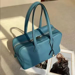Cowhide Bowling Bag for Women  New Genuine Leather Large Capacity Boston Handbag Shoulder Bag Large Bag