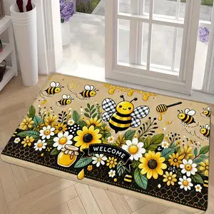 Adorable Bee Welcome Mat Flannel Non Slip Doormat for Kitchen Living Room Laundry Spring Summer Home Decor Indoor Outdoor Floor Mat Housewarming Gift